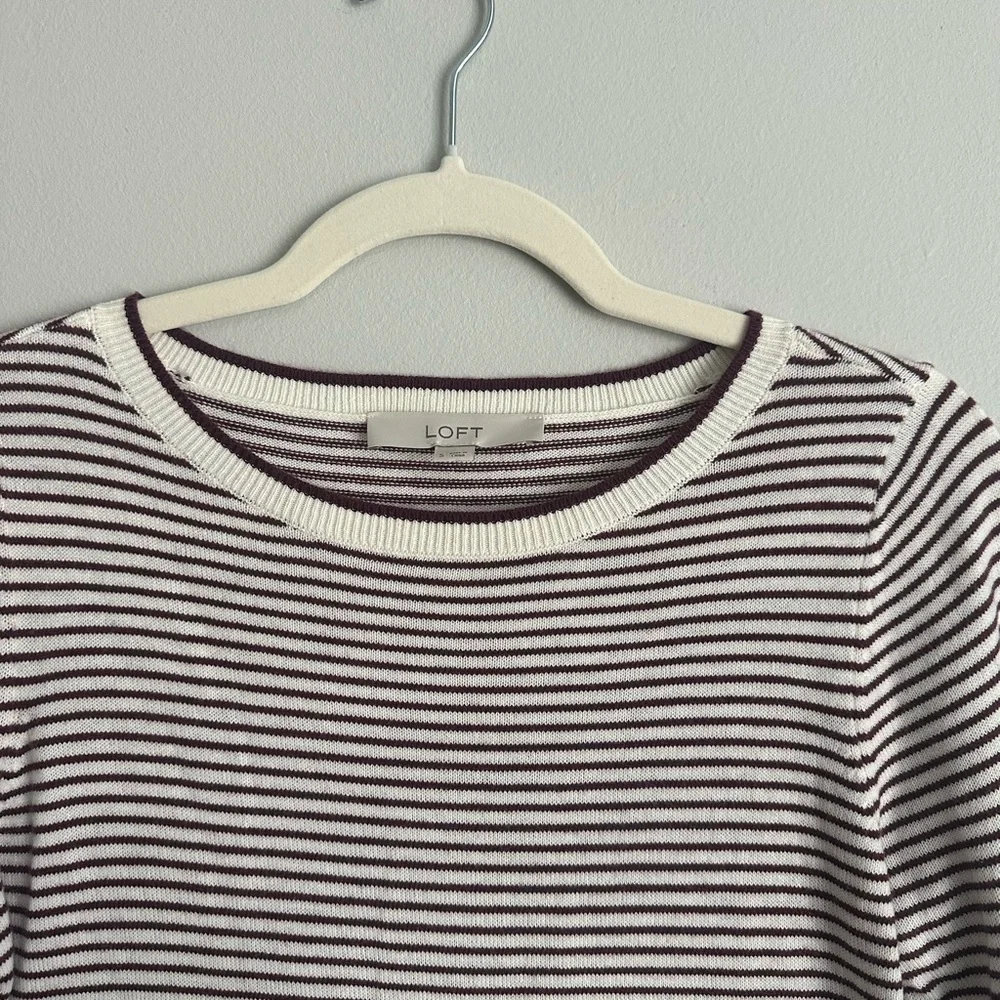 LOFT Burgundy Striped Sweater Ruffle Sleeve Small